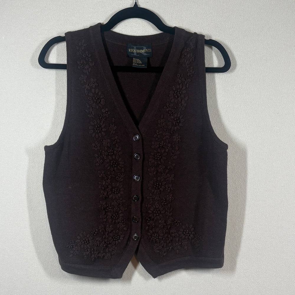 Requirements Floral Embroidered Sweater Vest Women Large Brown‎ Academia Indie
